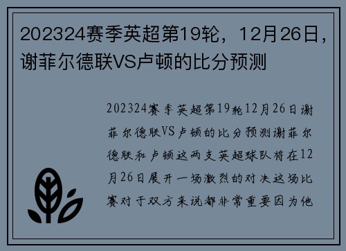 202324赛季英超第19轮，12月26日，谢菲尔德联VS卢顿的比分预测